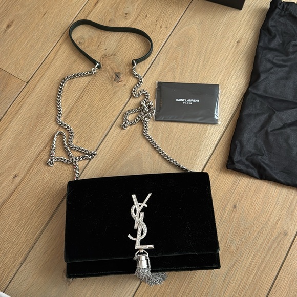 NWT YSL Saint Laurent Green Velvet Crystal Monogram Kate Clutch Chain Shoulder - Picture 6 of 8